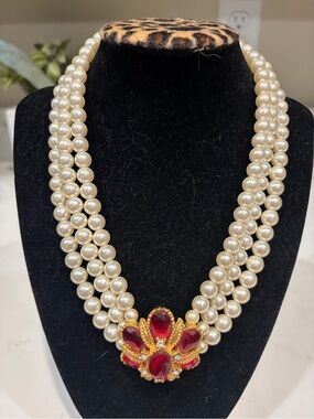 Classic Pearl Triple-Strand Necklace with Red Gem Accents